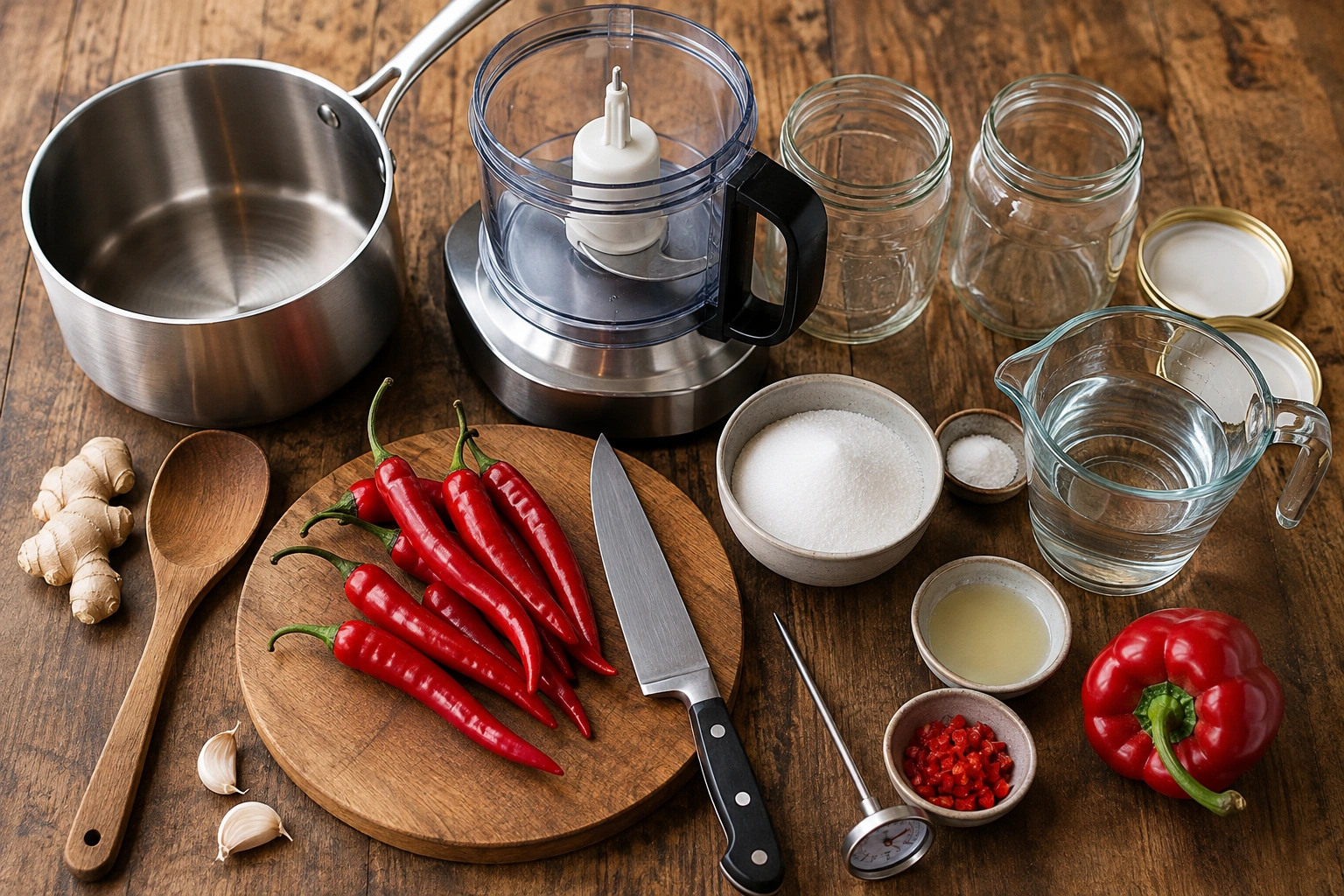 Kitchen equipment for making chilli jam including food processor, heavy-based saucepan, and sterilised jars