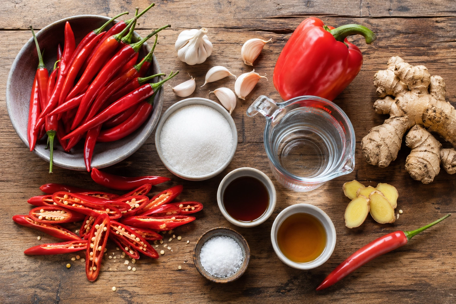 Chilli jam ingredients including long red chillies, red capsicum, garlic, ginger, white sugar, vinegar, and fish sauce
