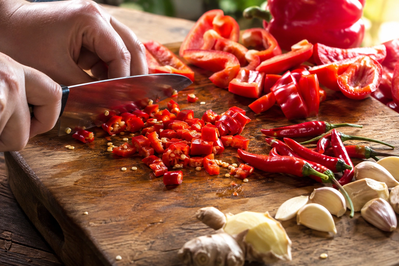 Roughly chopping chillies and capsicum
