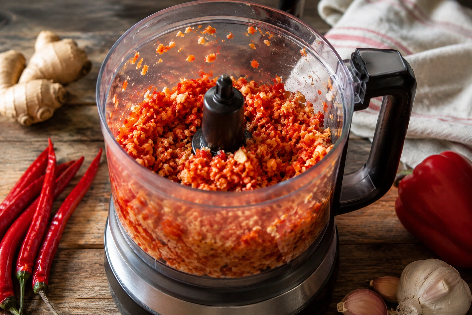 Pulsing chillies, capsicum, garlic, and ginger in food processor