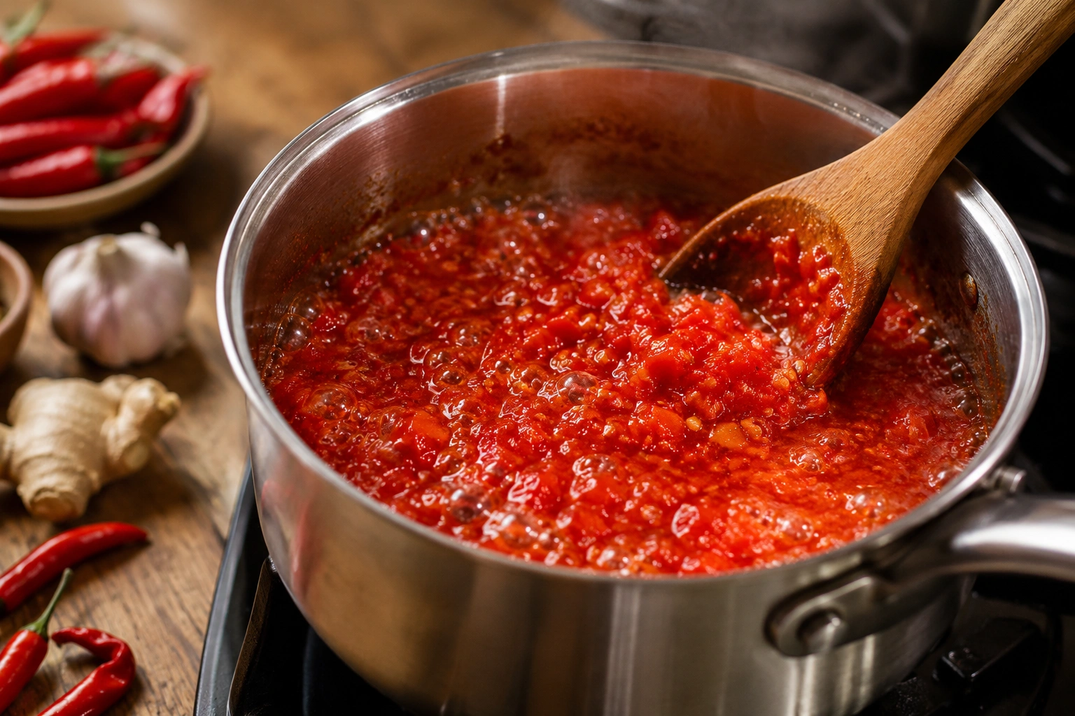 Simmering chilli jam gently over moderate heat