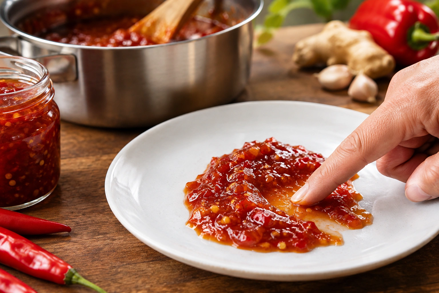 Checking chilli jam consistency and setting point