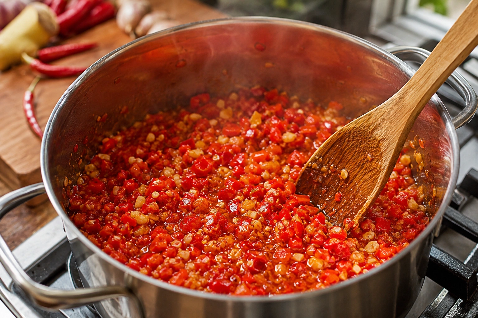 Tipping chopped mixture into saucepan with sugar, vinegar, fish sauce, and salt