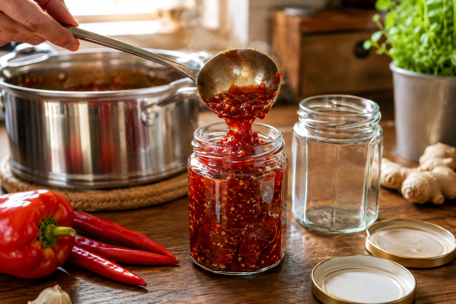 Ladling hot chilli jam into sterilised jars and sealing