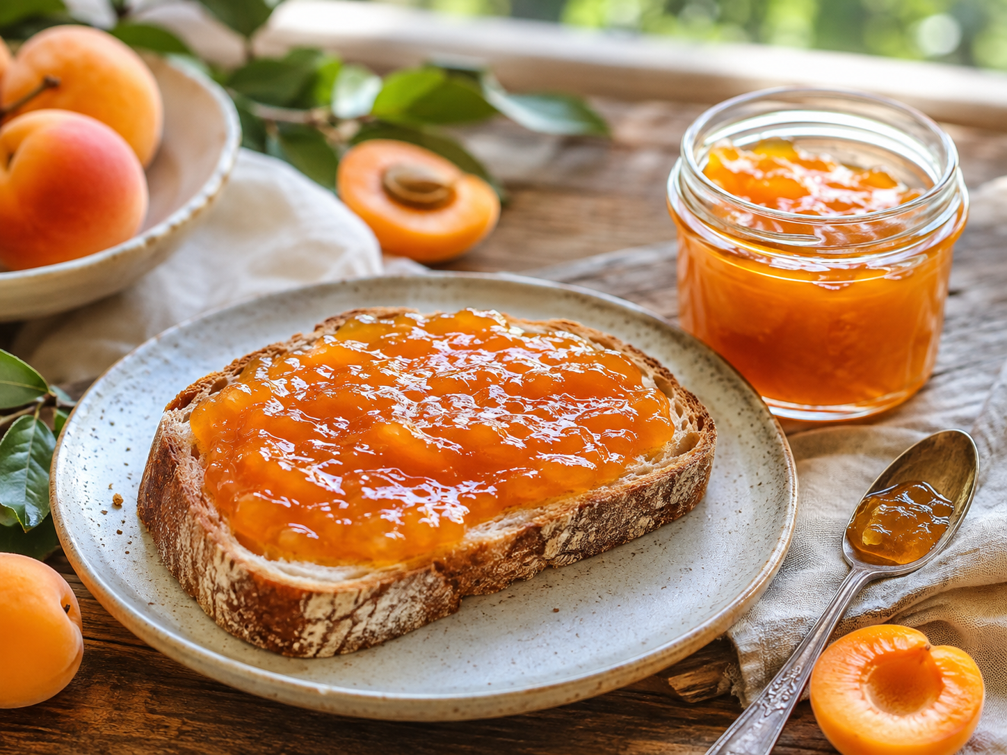 Freshly toasted sourdough bread generously spread with homemade apricot jam
