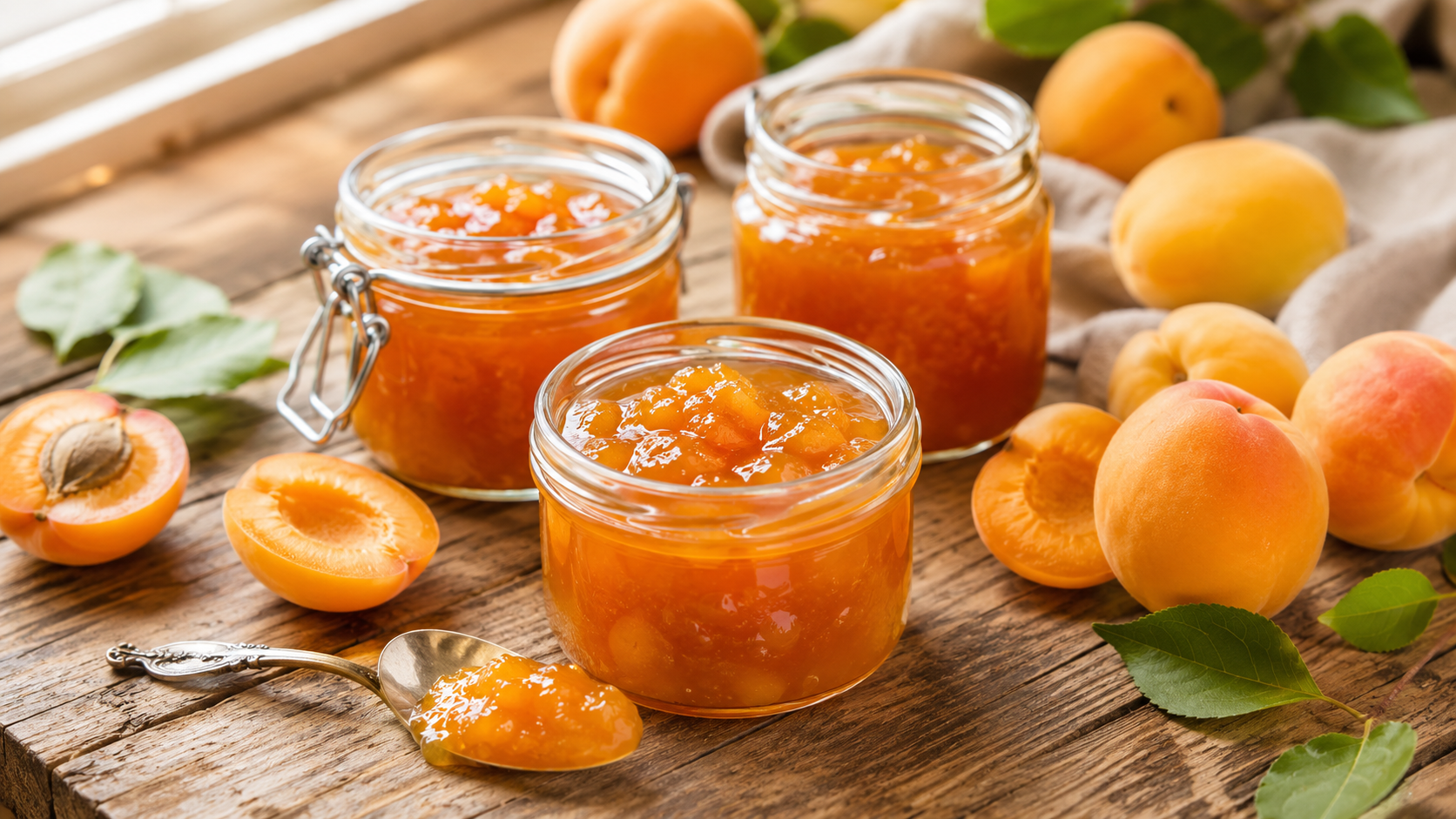 Homemade Apricot Jam in Glass Jars with Fresh Apricots
