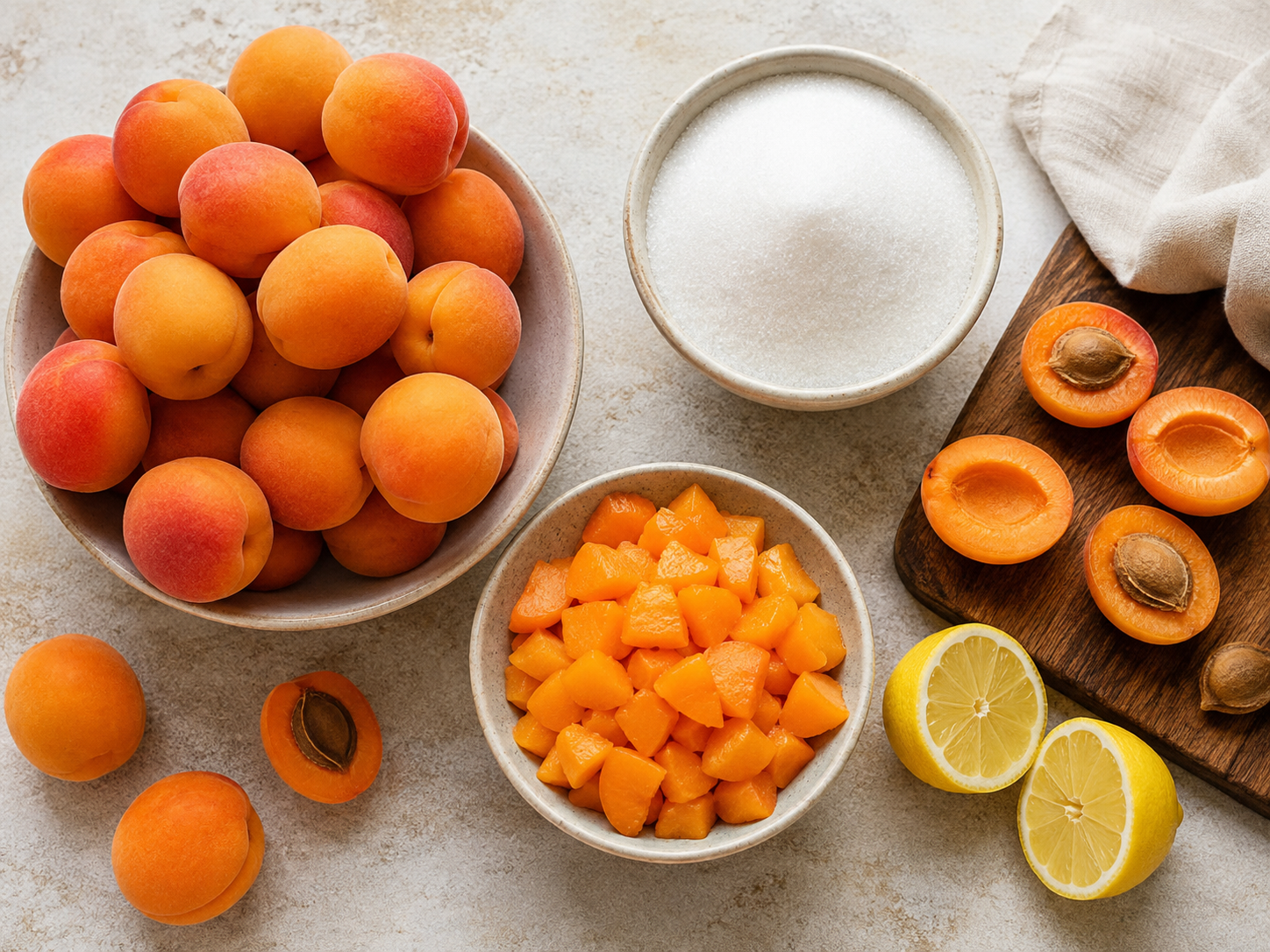 Fresh apricots, granulated sugar, fresh lemons, vanilla bean, and butter