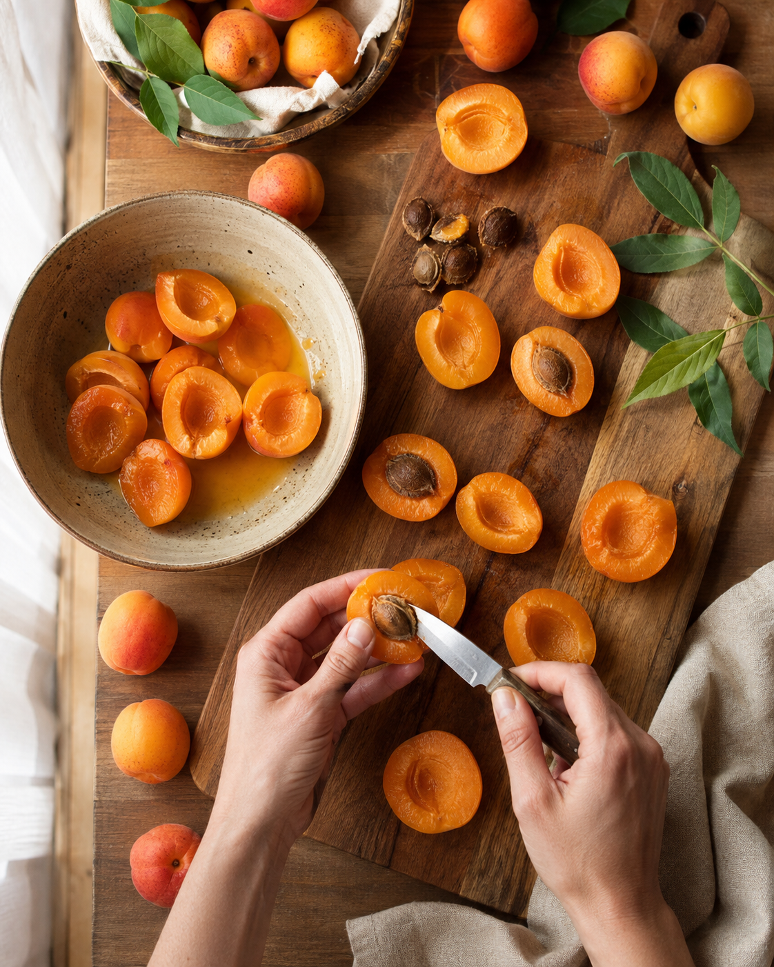 Halving, stoning, and roughly chopping fresh apricots