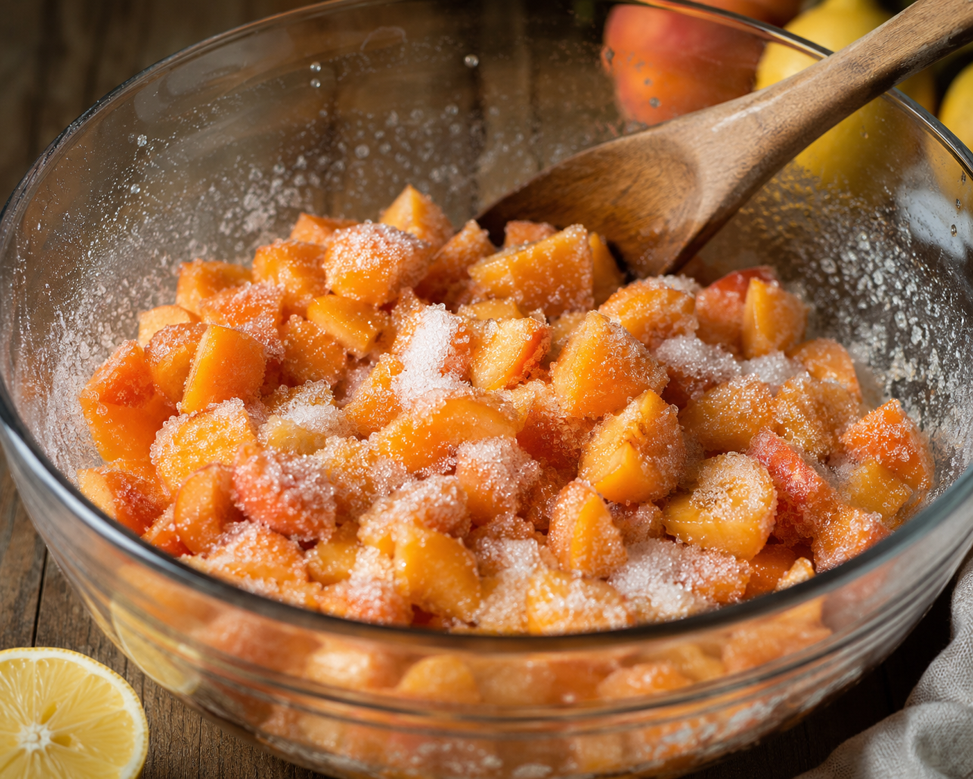 Apricots macerating with sugar and lemon juice in the pot