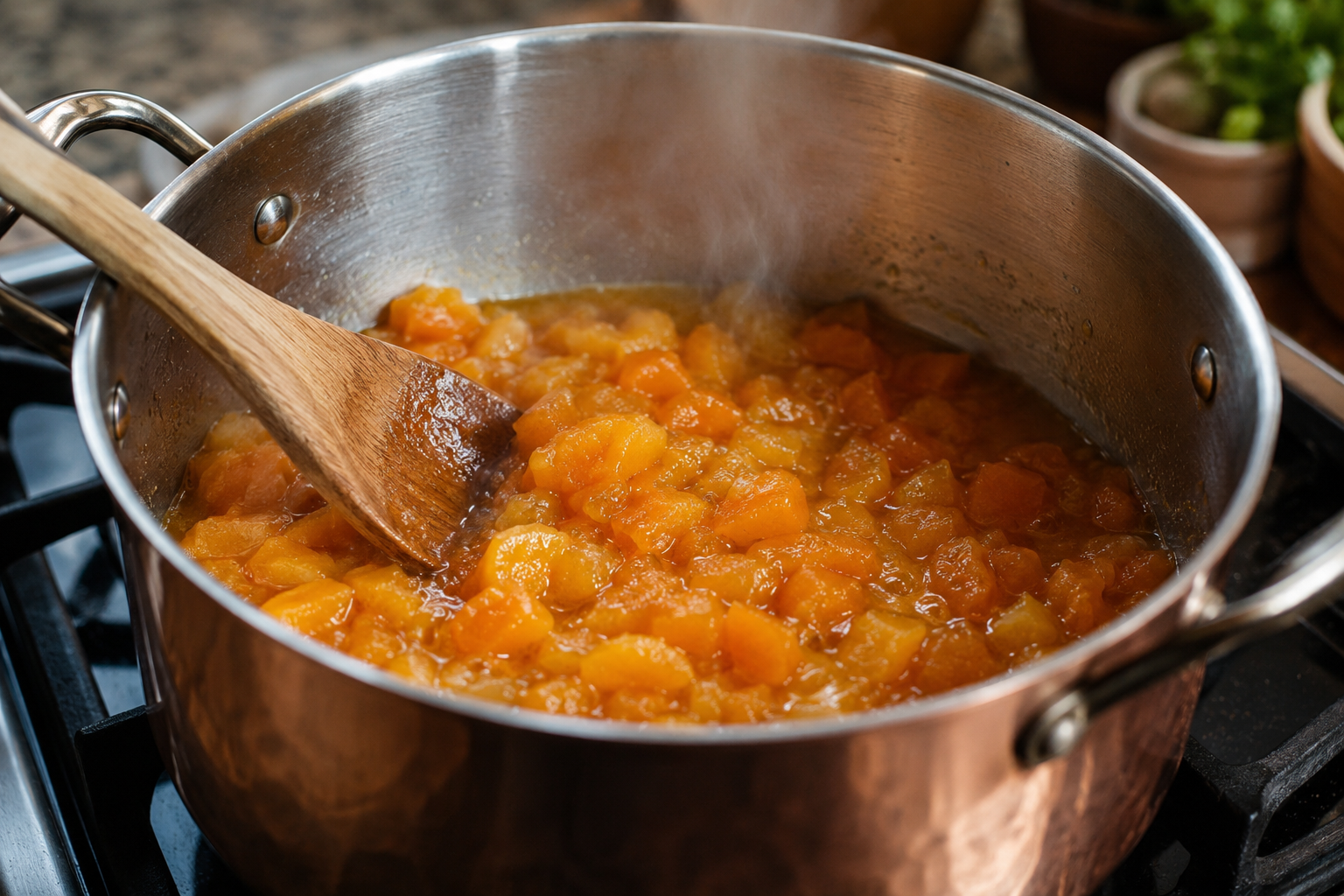 Cooking apricots gently until the sugar crystals are completely dissolved