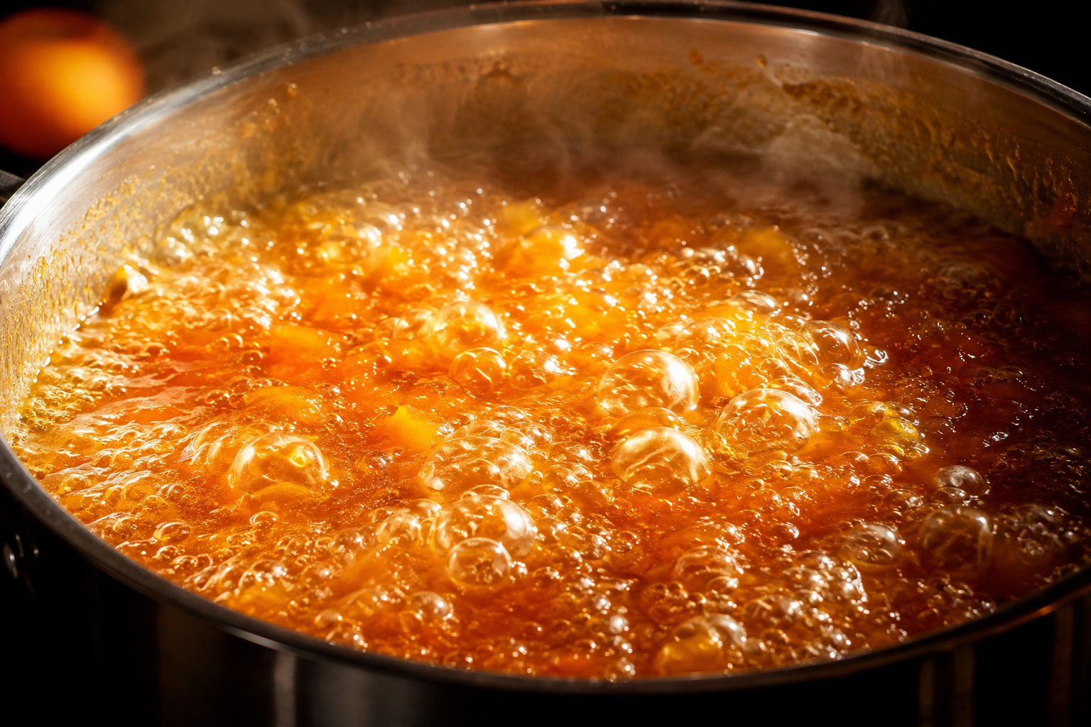 Apricot jam bubbling vigorously at a rolling boil in a wide pan
