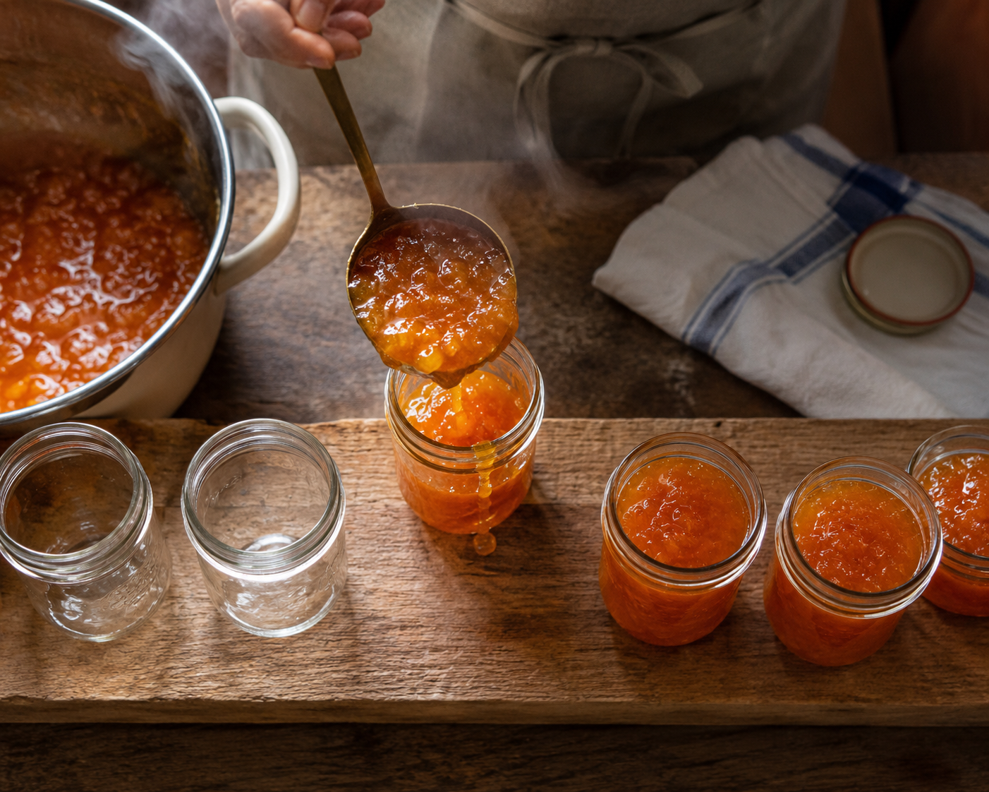 Sterilised glass jam jars and lids arranged cleanly on a baking tray
