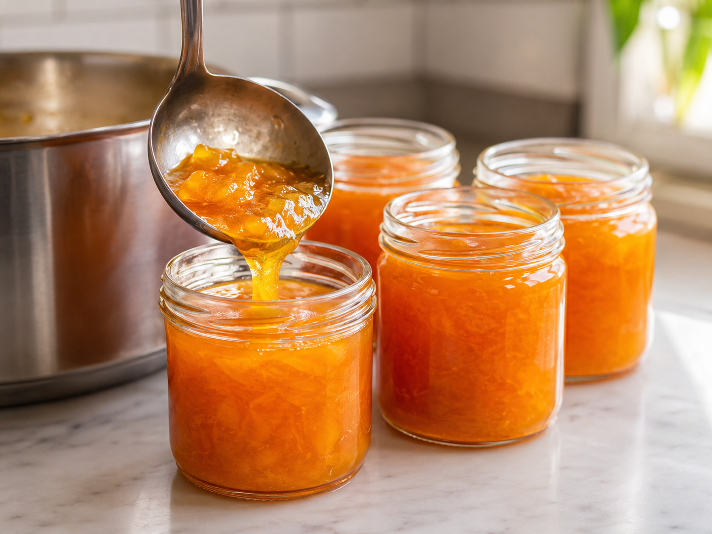Ladle hot apricot jam through a funnel into sterilised glass jars