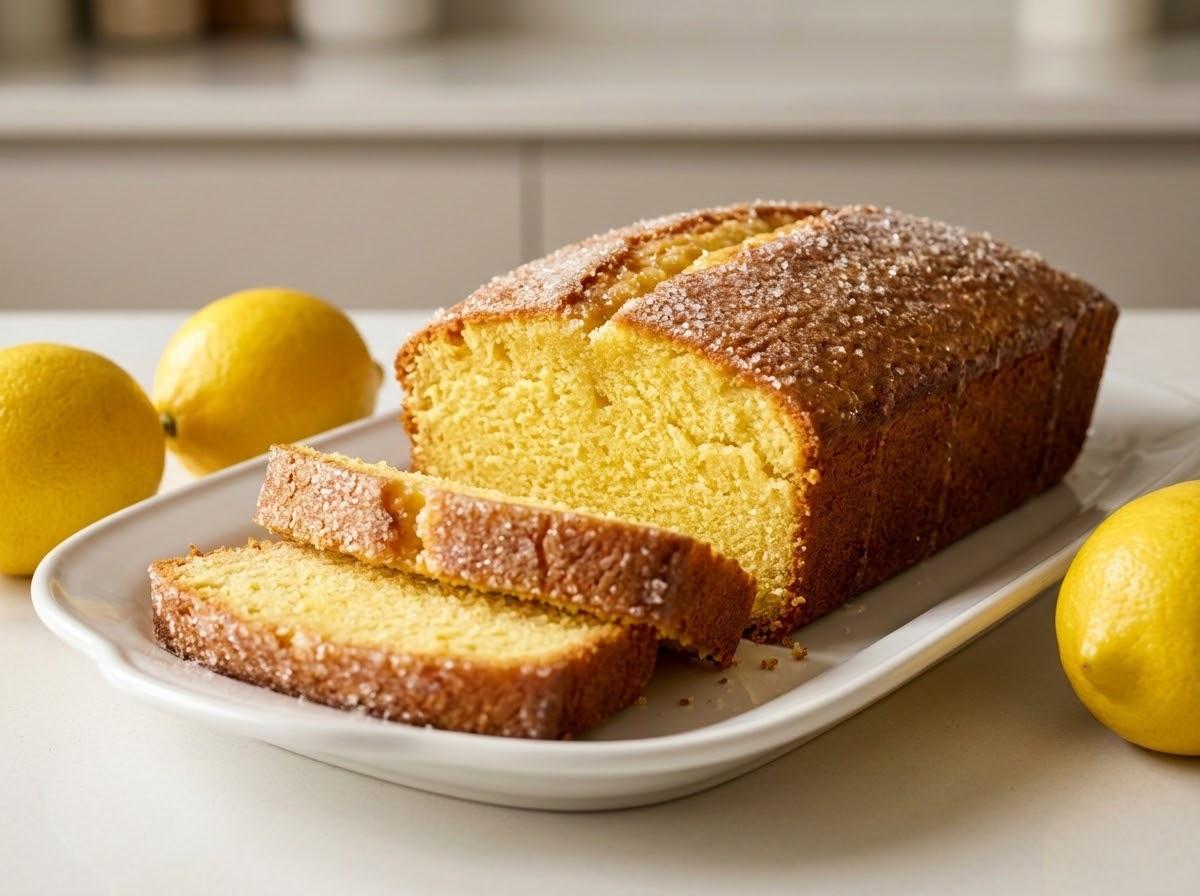 Classic homemade British lemon drizzle cake in a 2 lb loaf shape with natural crack, thin sparkling sugar crust and freshly cut slices
