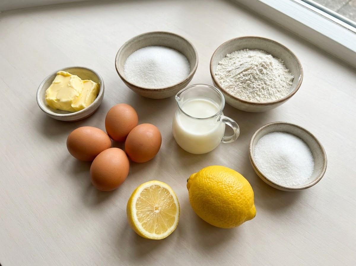 All ingredients for a classic lemon drizzle loaf arranged neatly on a clean kitchen counter