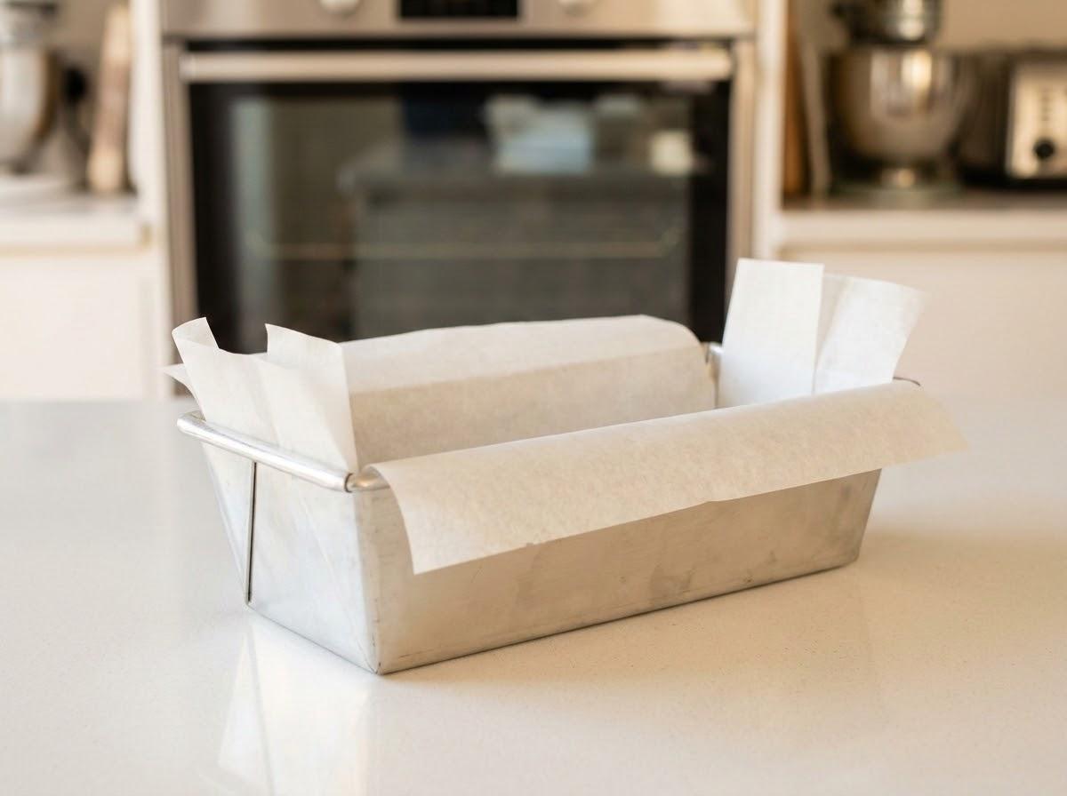 2 lb loaf tin being neatly lined with parchment paper overhang handles