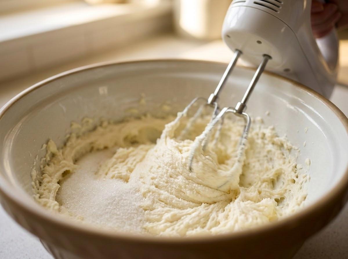 Softened butter and sugar beaten in mixing bowl with electric hand mixer until pale and fluffy