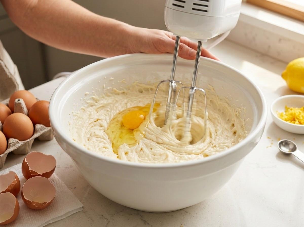 Eggs gradually added one at a time to pale fluffy cake batter