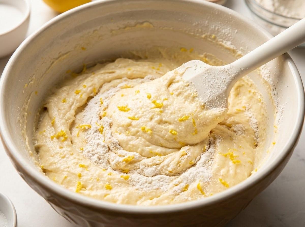 Self-rising flour gently folded into cake batter with spatula and fresh yellow lemon zest