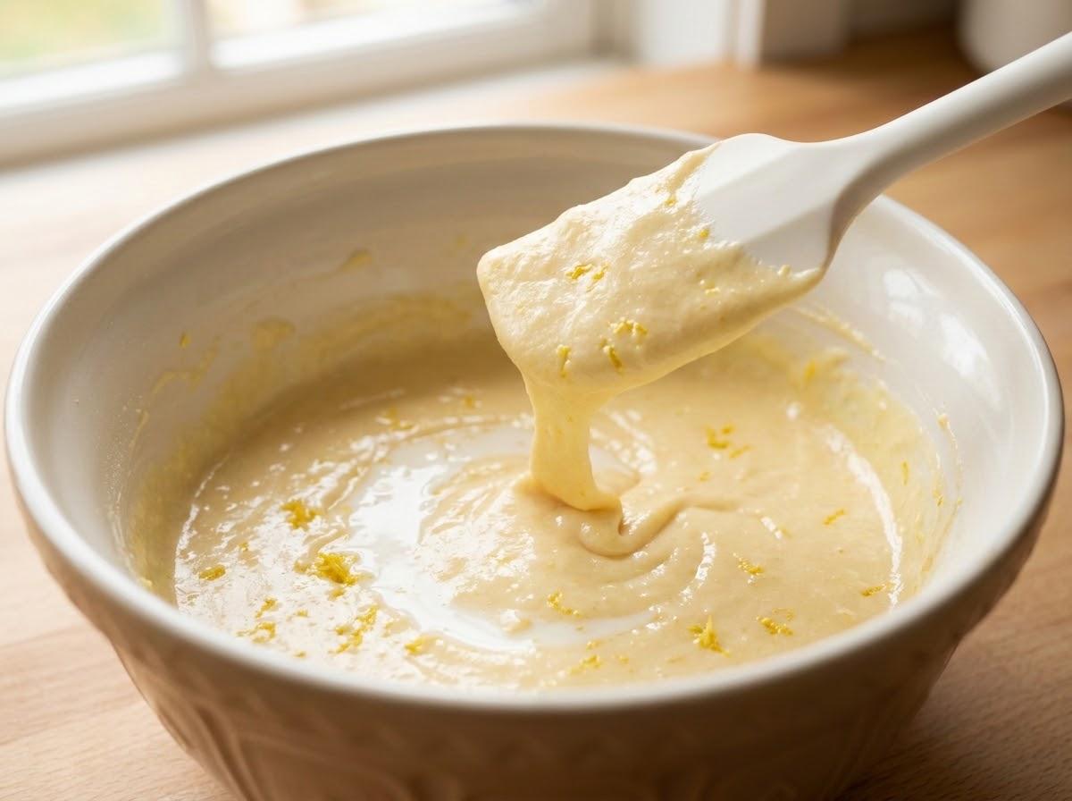 Milk stirred into lemon cake batter reaching thick dropping consistency