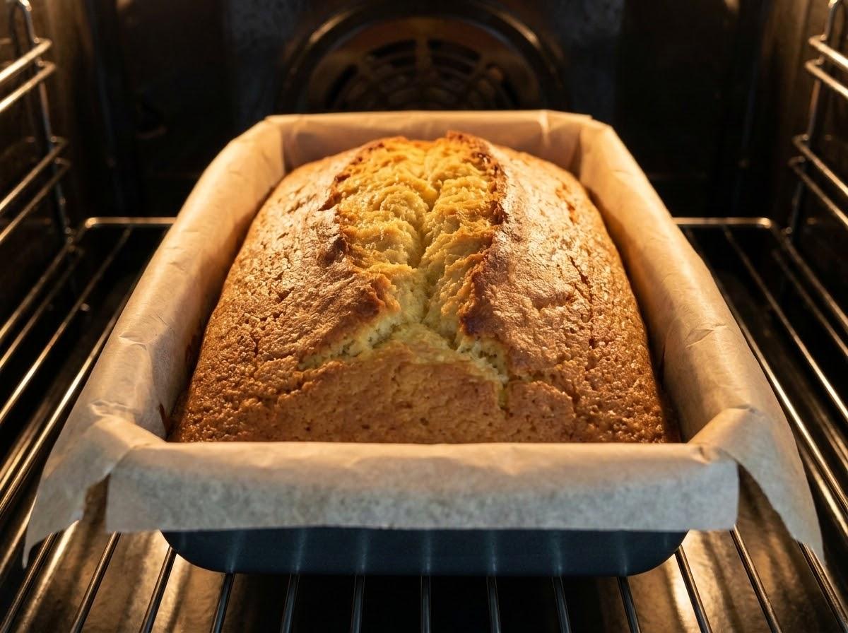 Classic lemon drizzle loaf cake baked golden with characteristic center crack