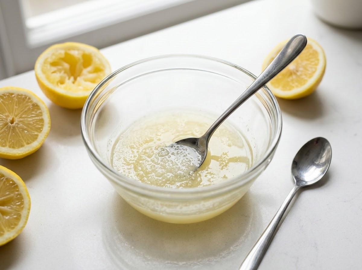 Fresh lemon juice and granulated sugar mixed in glass bowl with partial undissolved crystals