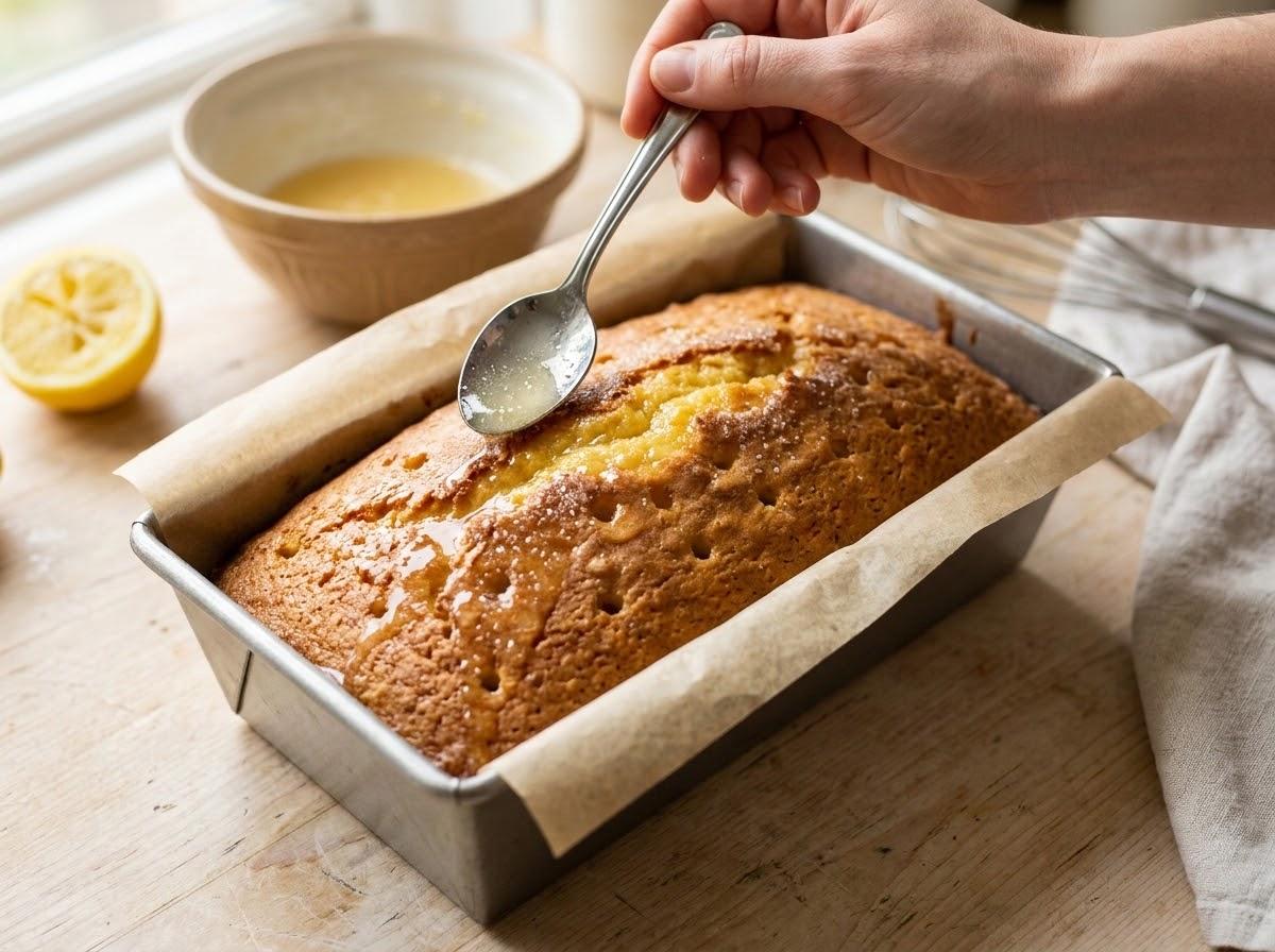 Lemon drizzle syrup slowly spooned over freshly baked hot cake in loaf tin