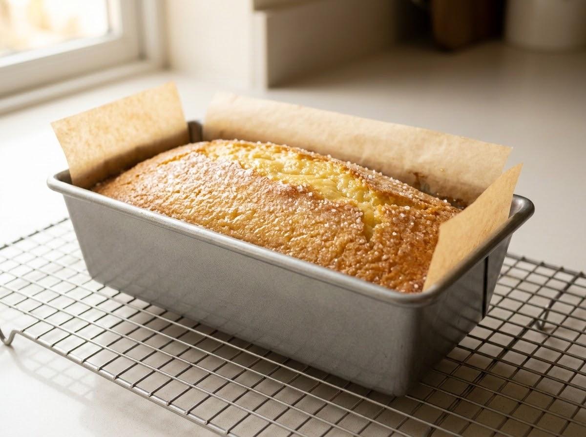 Soaked lemon drizzle loaf cooling in tin on wire rack as crystallized crust forms