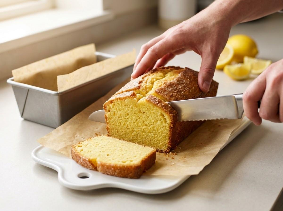 Cooled lemon drizzle cake lifted from tin and sliced with clean sharp knife