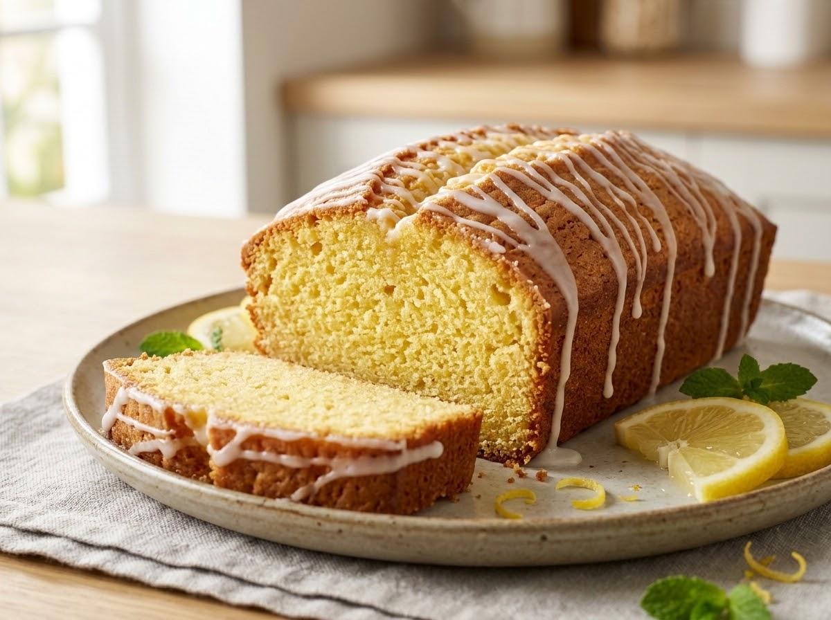 Cooled lemon drizzle loaf cake decorated with white lemon icing glaze drizzled across top