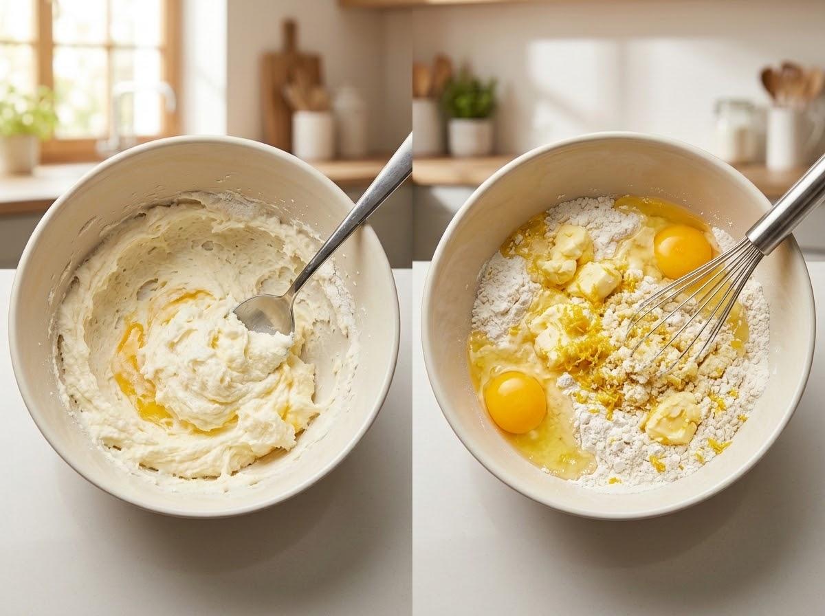 Two mixing bowls side by side demonstrating creaming method vs all-in-one method