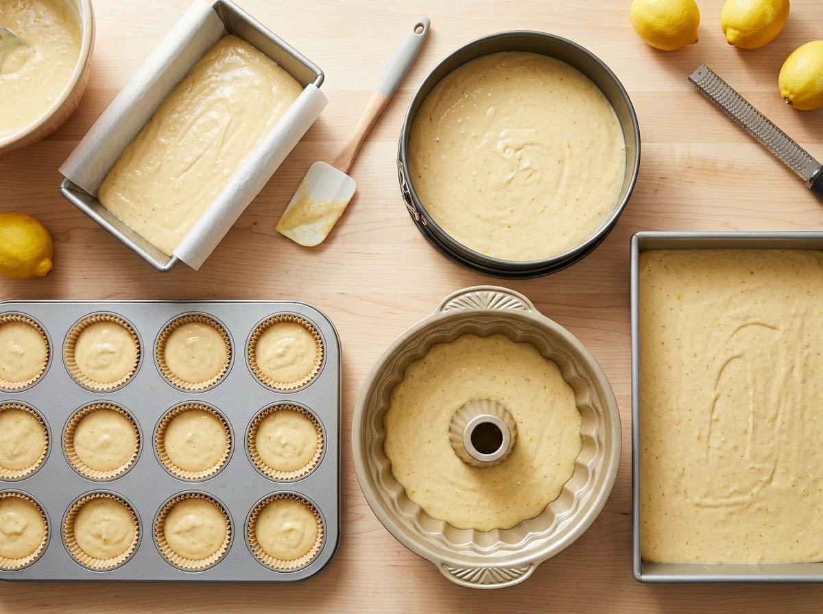 Lemon cake batter in different baking tins: loaf tin, round cake tin, traybake, and bundt