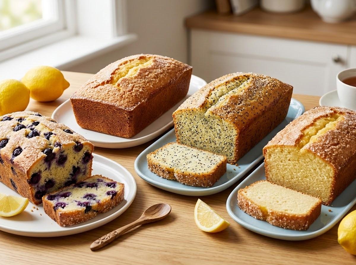 Four variations of lemon drizzle cake: classic loaf, poppy seed loaf, blueberry loaf, and gluten-free