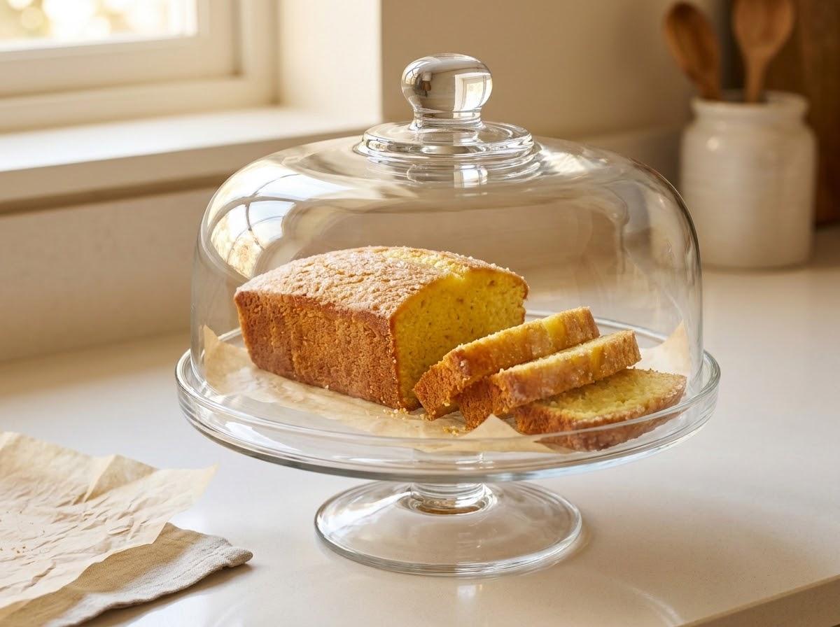 Homemade lemon drizzle cake slices stored in an airtight container on a kitchen counter
