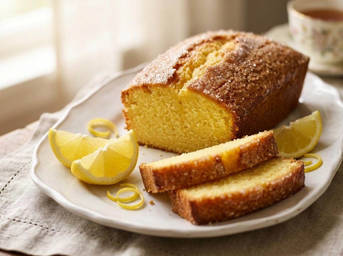 Finished classic British lemon drizzle cake served on an elegant plate with lemon slices and tea