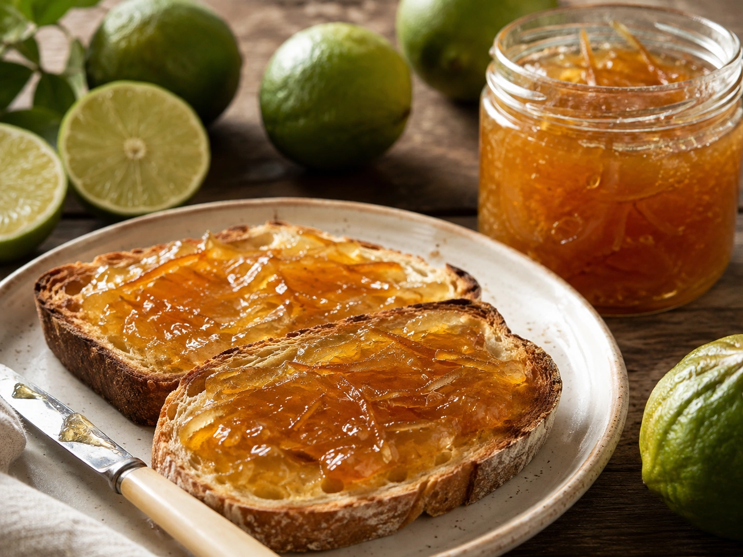 Final serving of homemade lime marmalade on crusty bread