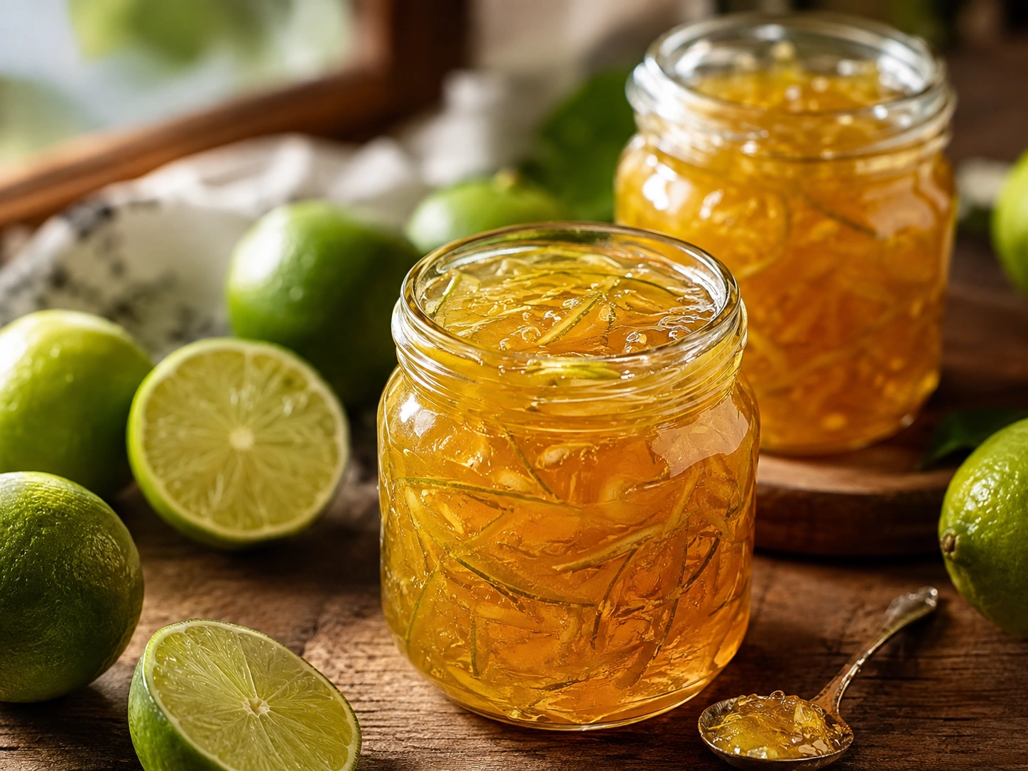 Homemade Lime Marmalade in Glass Jars with Fresh Limes
