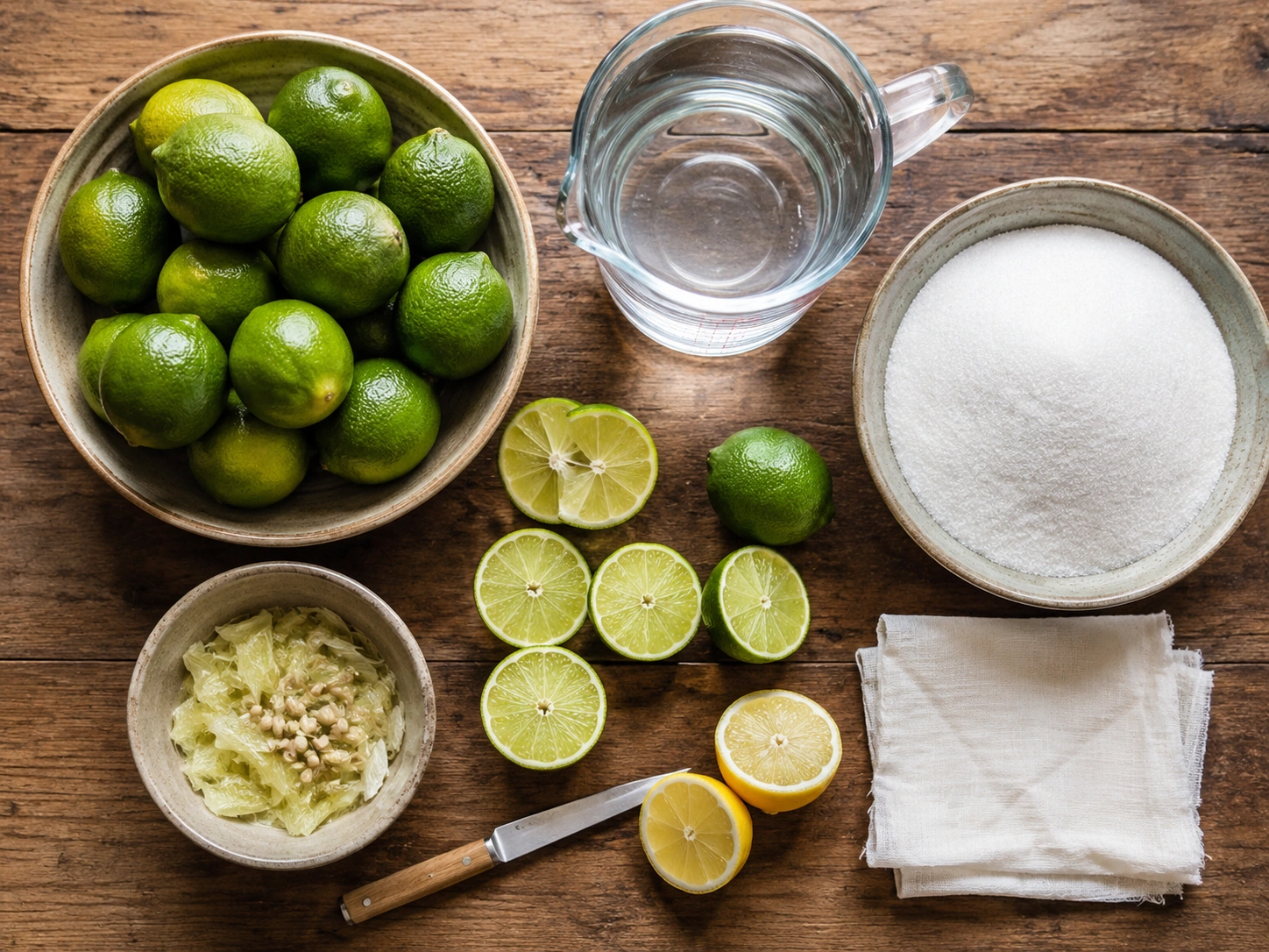 Fresh whole limes, granulated white sugar, and fresh lemon for making homemade lime marmalade