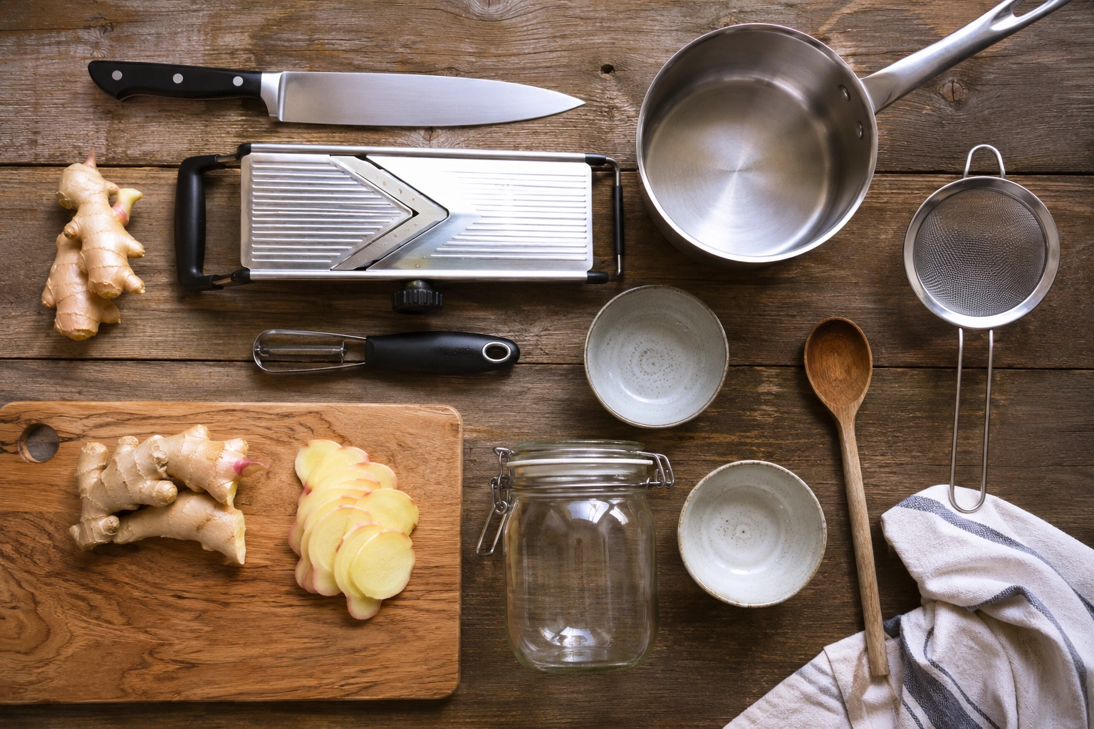Kitchen equipment for pickling ginger: mandoline, chef knife, peeler, spoon, saucepan, and glass jar