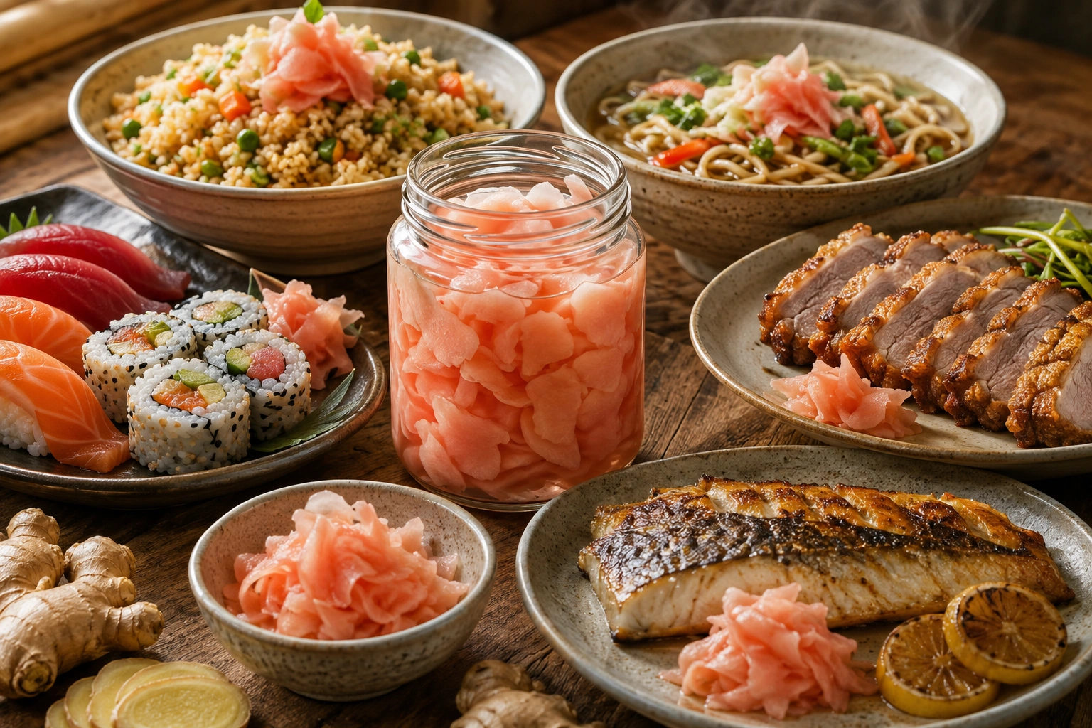 Final serving of homemade pickled ginger alongside sushi and sashimi