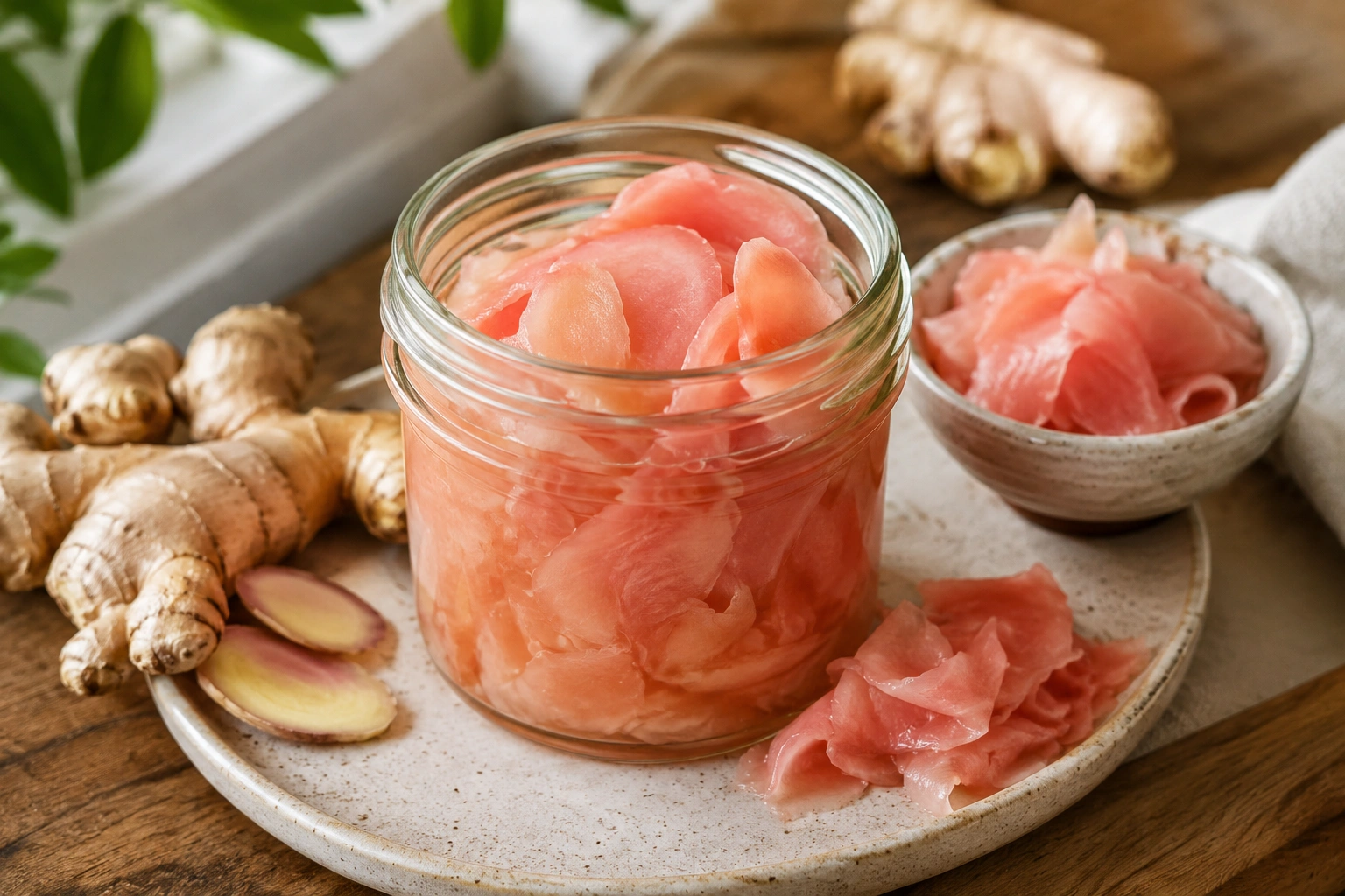 Homemade Pickled Ginger Gari in Glass Jar with Fresh Ginger Slices