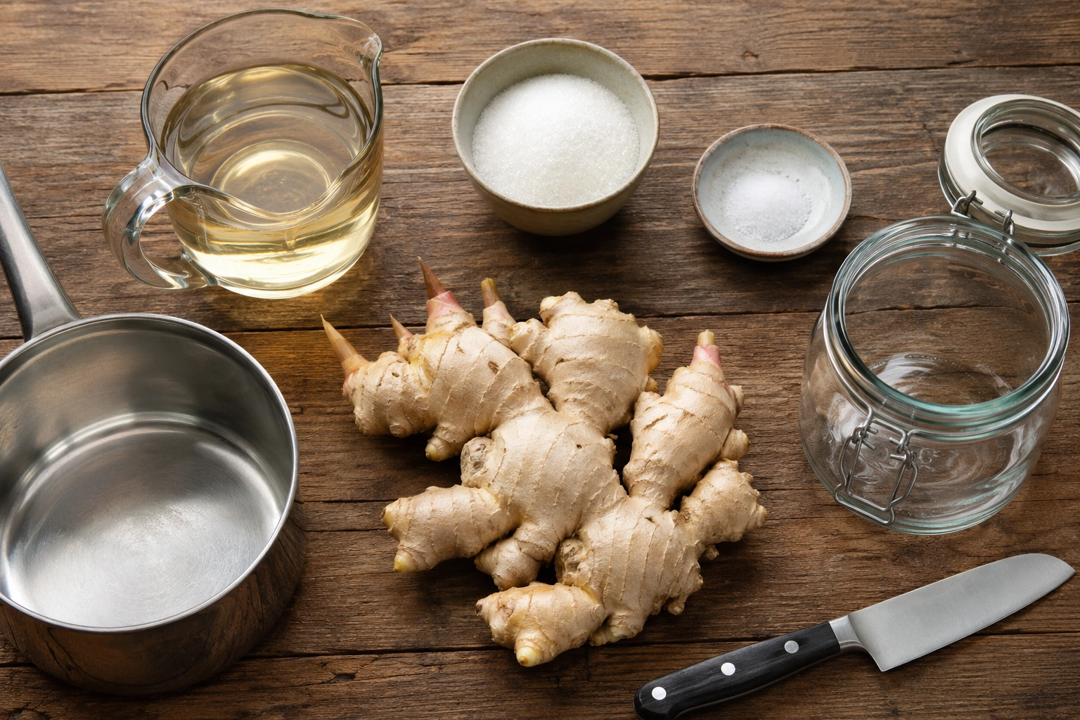 Fresh ginger root, unseasoned rice vinegar, granulated sugar, and fine salt